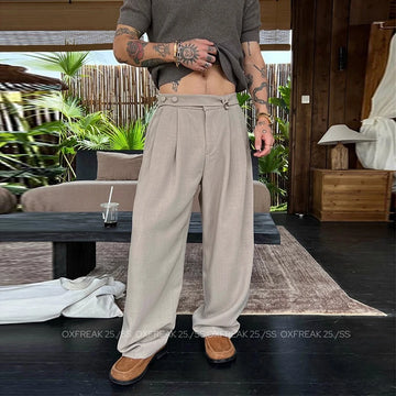 Riolio New Retro Fashion Men Suit Pants Light Luxury Draped Baggy Belt Button-down Solid Color Straight Trousers Elegant Dress Pants